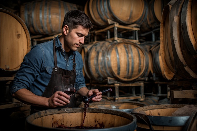 Winemaker extracting wine from an oak barrel with a wine thief inside a Napa Valley cellar to evaluate barrel aging and wine development.