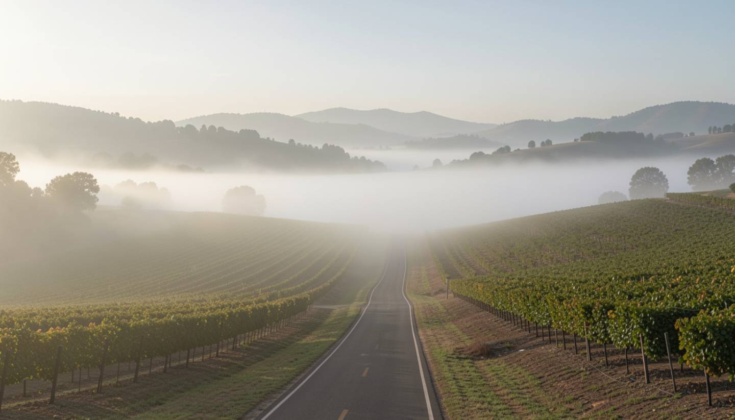 Early morning fog lifting over vineyard rows in Napa Valley, creating a quiet and reflective scene before a major life transition.