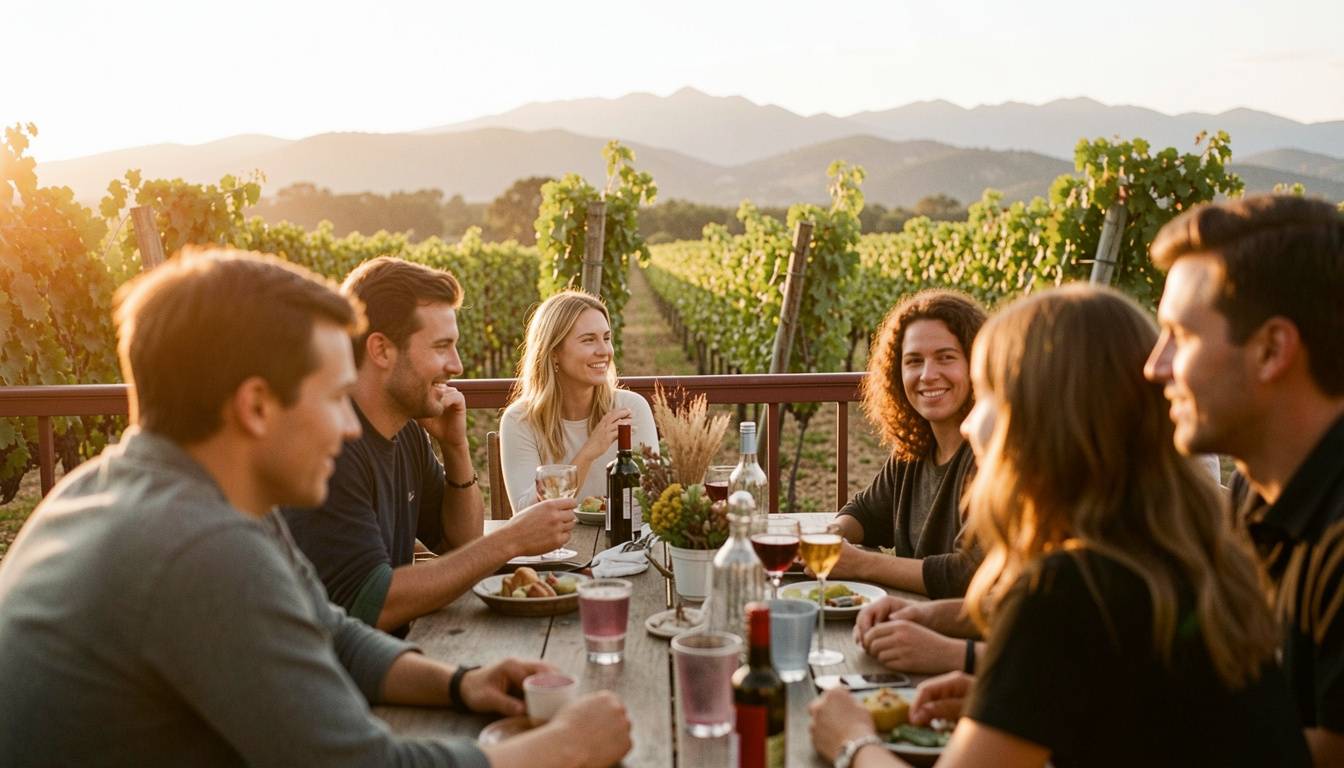 Group of longtime friends sitting together at a winery terrace in Napa Valley during golden hour, celebrating twenty years of friendship in a relaxed setting.