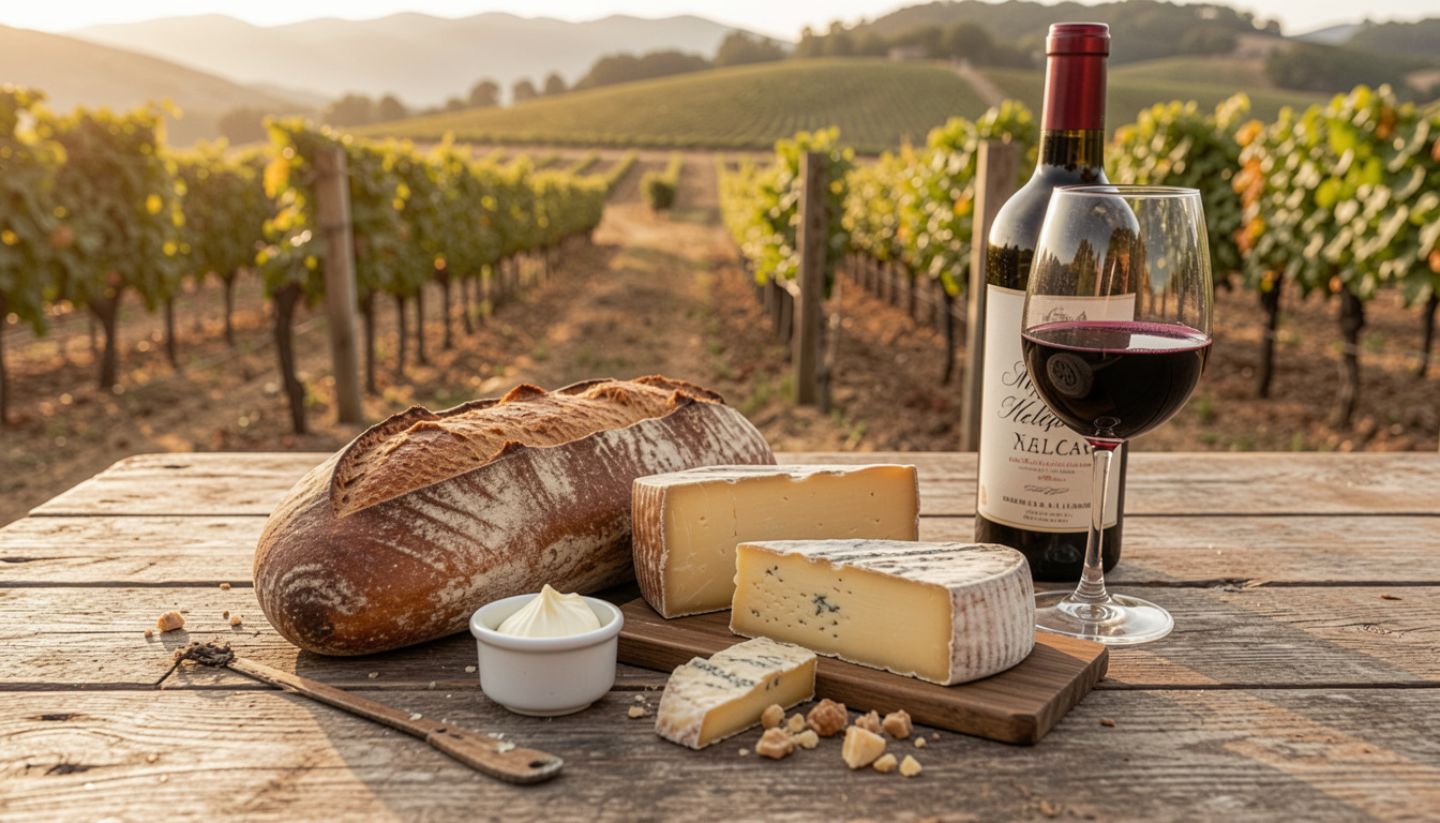 Artisan bread, aged cheese, butter, and a glass of Napa Valley Cabernet on a rustic wooden table in St. Helena with vineyard rows in the background during late afternoon light.