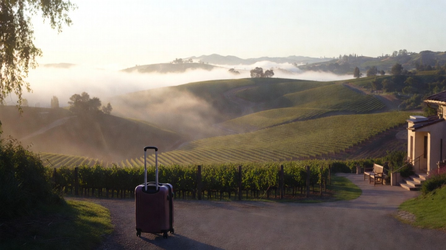 Carry-on suitcase in Napa Valley during a quiet morning, showing minimalist travel and an easy, relaxed wine country experience.