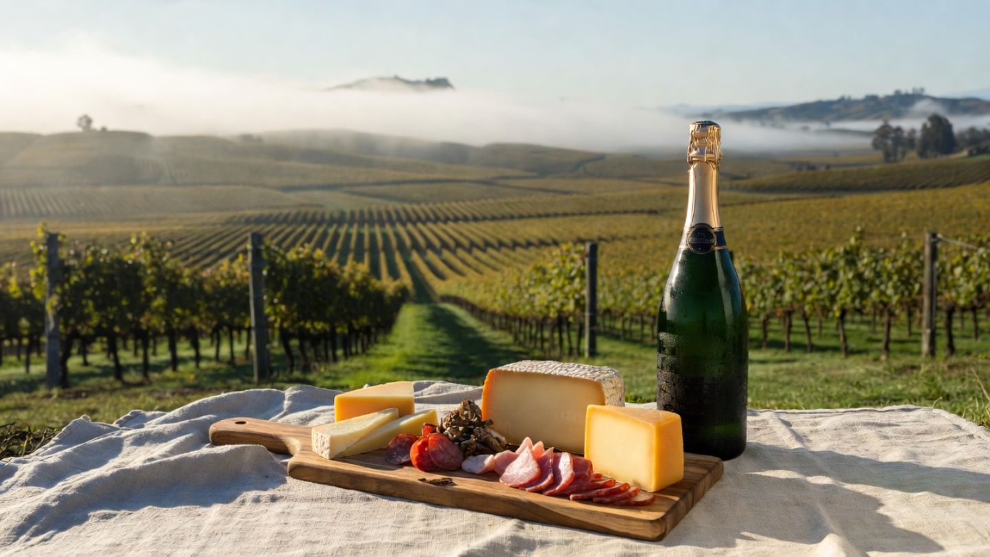 Cheese and charcuterie picnic with sparkling wine in Napa Valley’s Carneros region, set among vineyard rows on a calm afternoon.