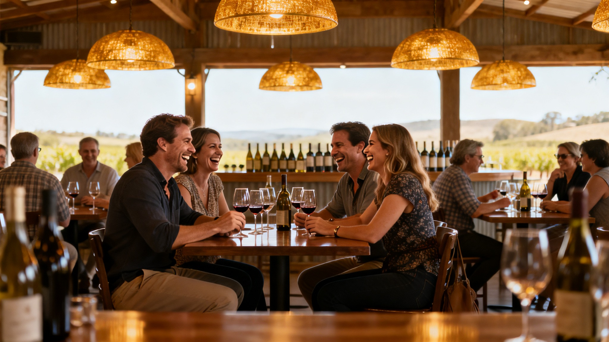  Guests seated around a shared wooden table at a Napa Valley winery tasting, illustrating communal hospitality, relaxed entertaining, and the social side of Napa wine experiences.