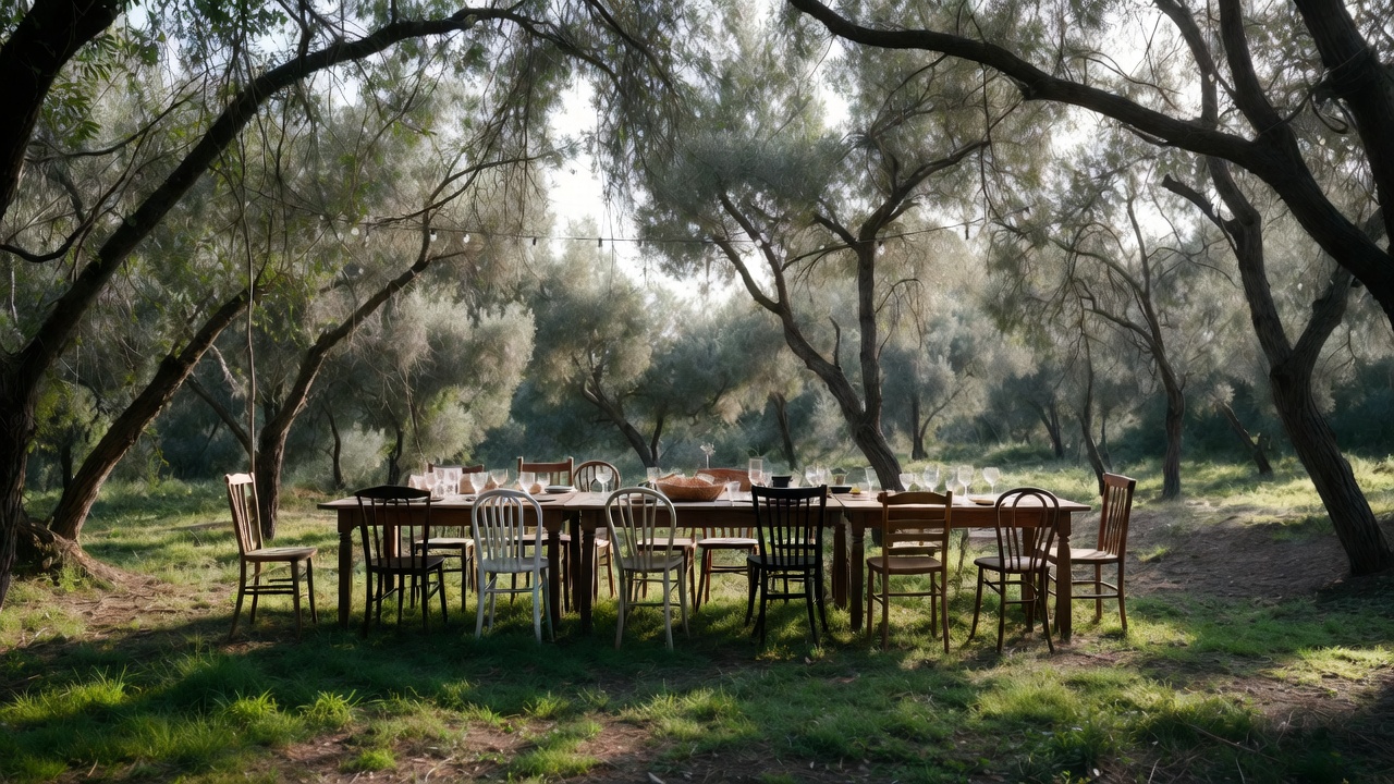 A long communal wooden dining table set for a group gathering in a Napa Valley vineyard grove, illustrating relationship-focused venues and community building spaces .