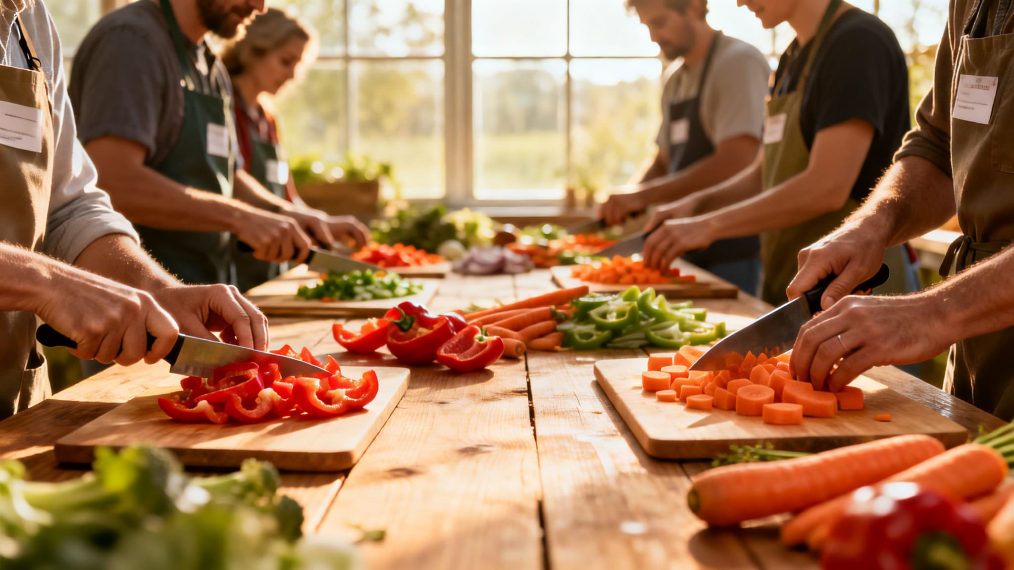  Volunteers preparing meals together in a Napa Valley community kitchen, with hands sorting produce and shared workspaces emphasizing service, food access, and local support.
