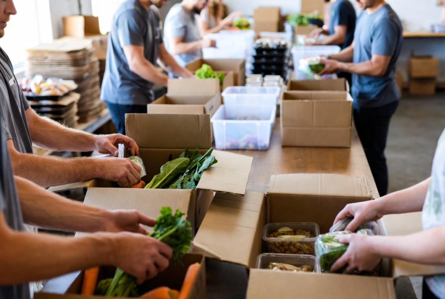 Volunteers preparing fresh produce in a Napa Valley community kitchen, showing how visitors from Oakland and Alameda County can give back while traveling.
