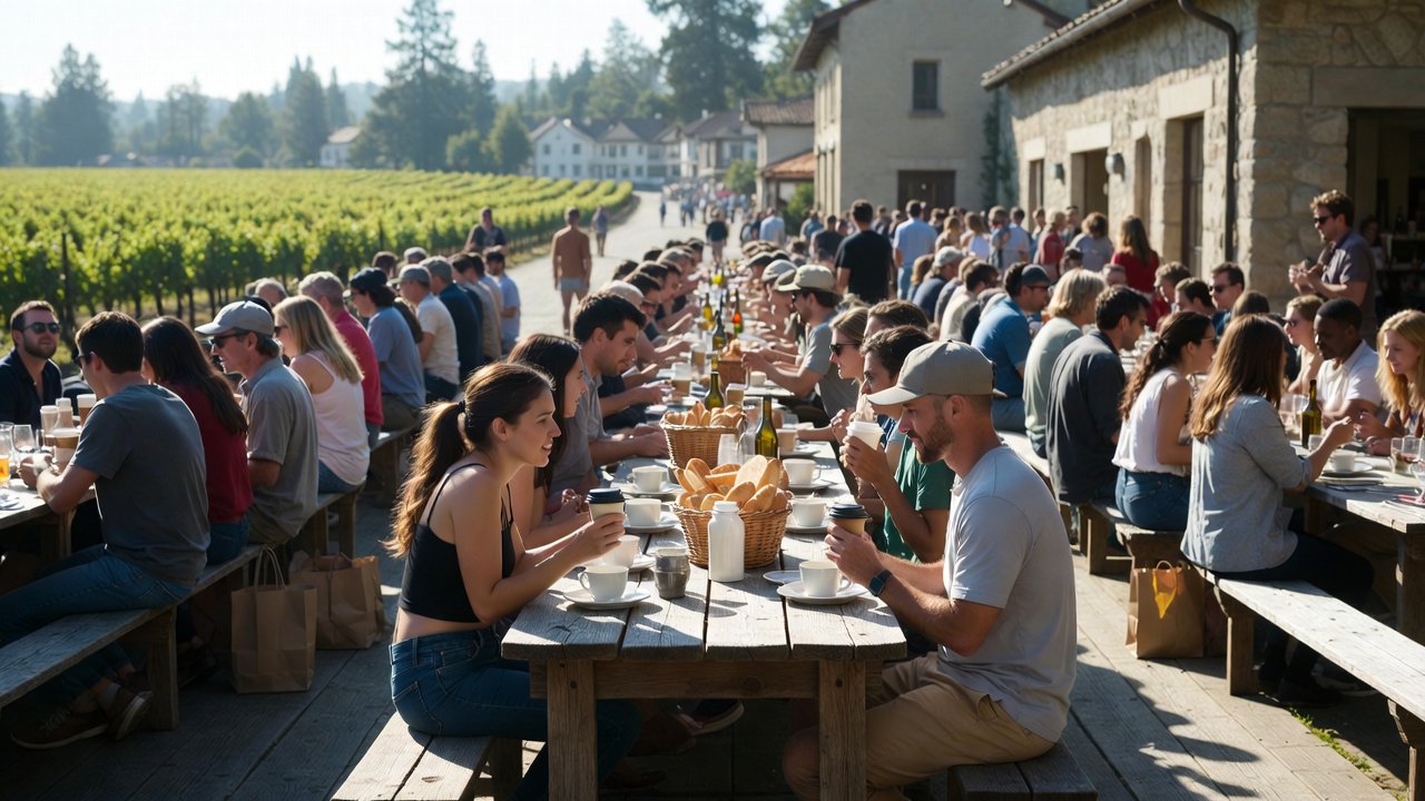A shared table in Napa Valley where locals and visitors sit together with coffee and market bags, showing a sense of community and belonging.