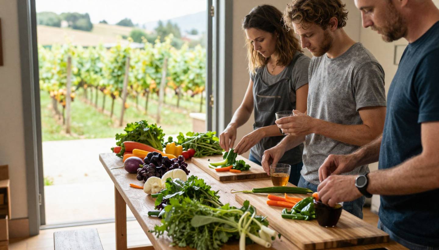 People participating in a hands-on cooking class in Napa Valley, preparing seasonal ingredients at a wooden table with vineyard views in the background, showing a farm-to-table culinary experience.
