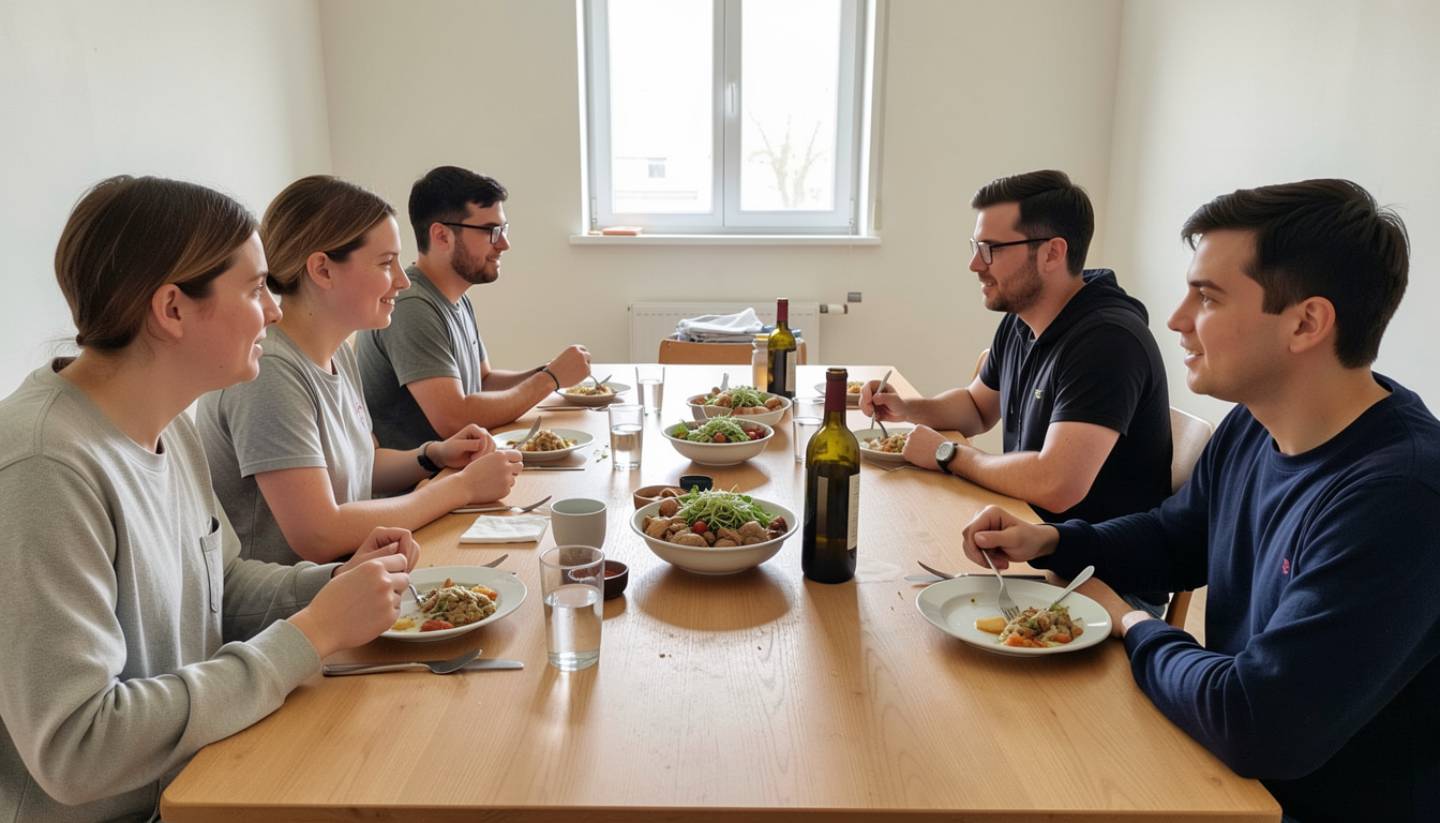 Participants sharing a meal they prepared during a Napa Valley cooking class, seated at a communal table with food and wine in a vineyard setting, highlighting connection and culinary hospitality.