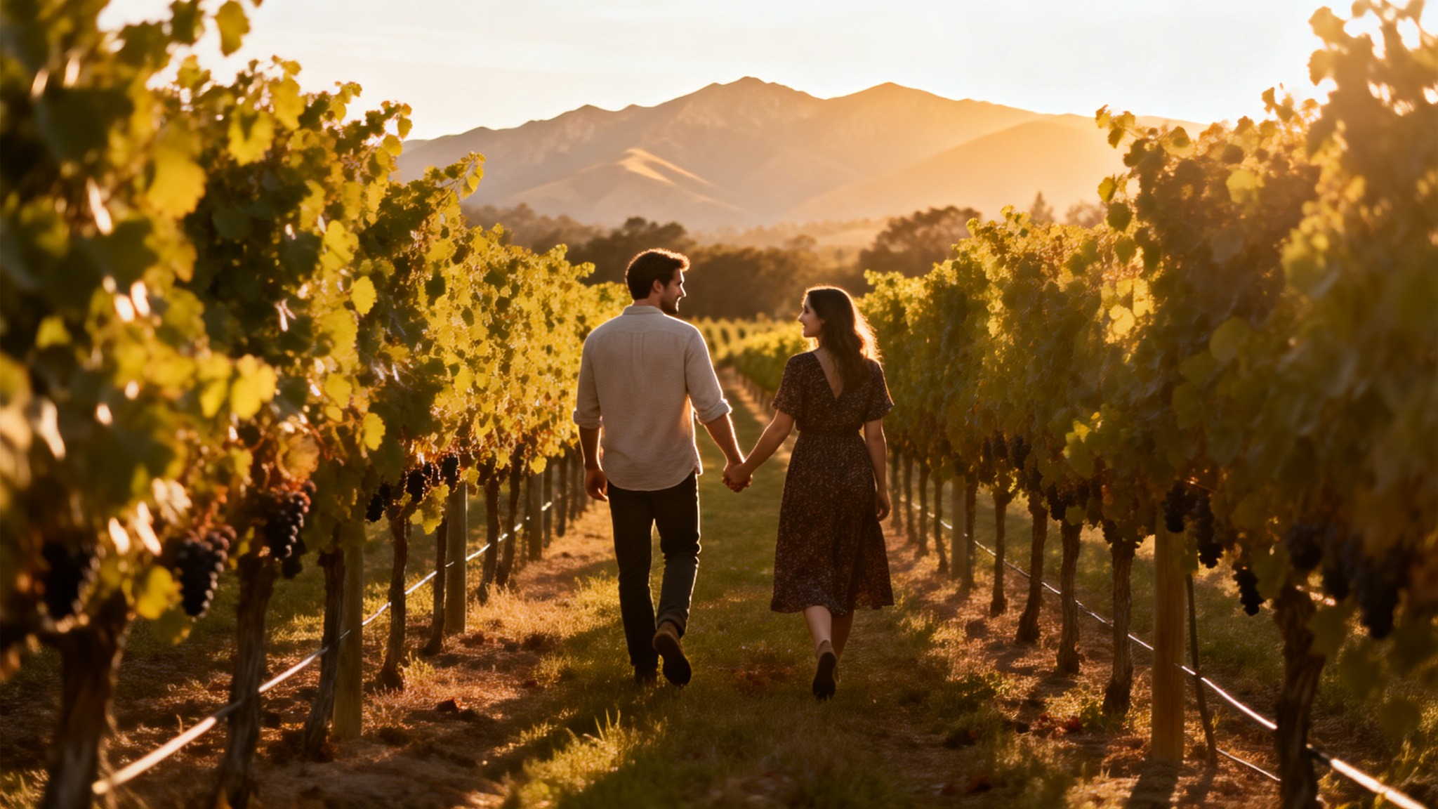 A couple walking through Napa Valley vineyard rows at sunset, creating a shared tradition during an annual wine country trip.