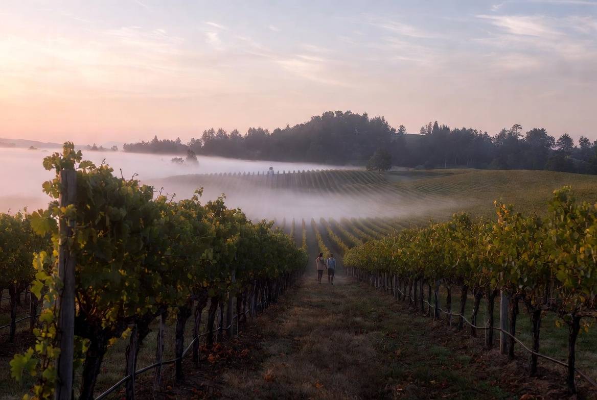 Couple walking quietly through Napa Valley vineyard rows as morning fog lifts, creating a calm and reflective setting for rebuilding after a difficult year.