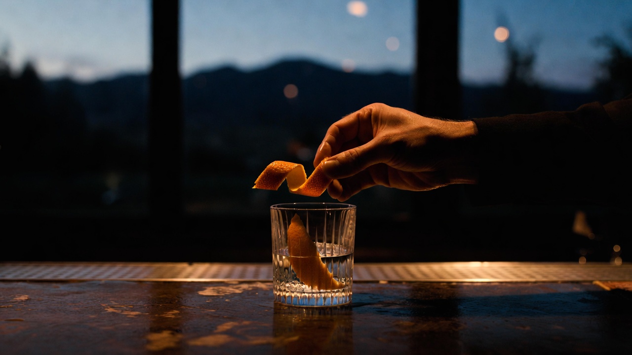 A close-up of a bartender expressing orange zest over a crystal cocktail glass in a dimly lit Napa Valley lounge, with a blurred view of the blue hour mountain horizon in the background.