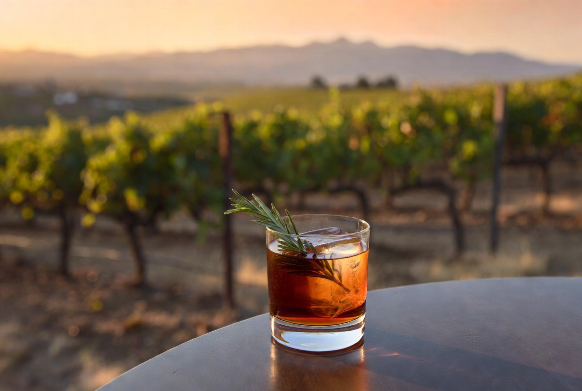 Craft cocktail with rosemary garnish and clear ice served on a vineyard patio in Yountville Napa Valley at golden hour with vineyard rows and Mayacamas mountains in the background.