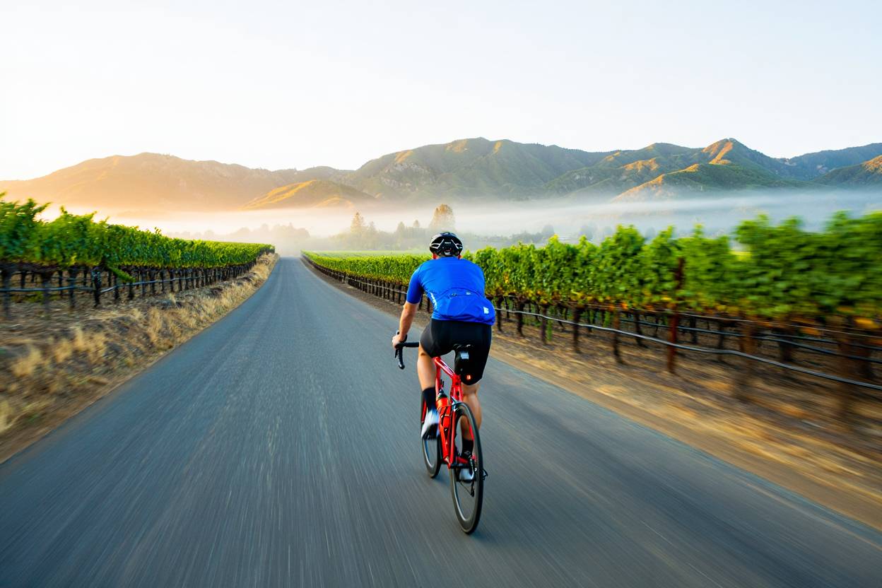 Cyclist riding along Silverado Trail in Napa Valley at sunrise with vineyard rows and morning fog over the Rutherford benchlands.