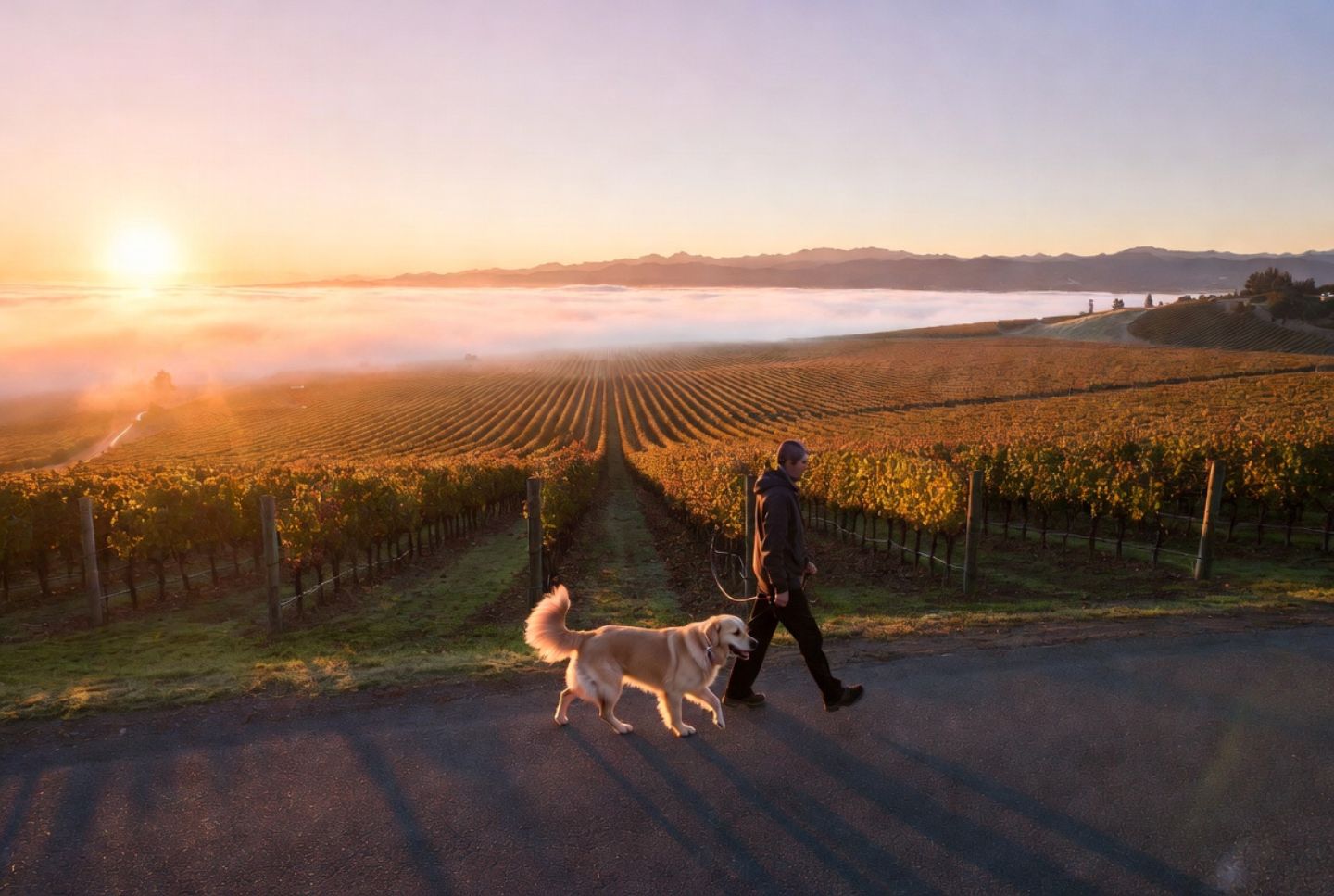 Dog walking with owner along a vineyard road in Napa Valley at sunrise with fog over the Rutherford benchlands and Mayacamas mountains in the background
