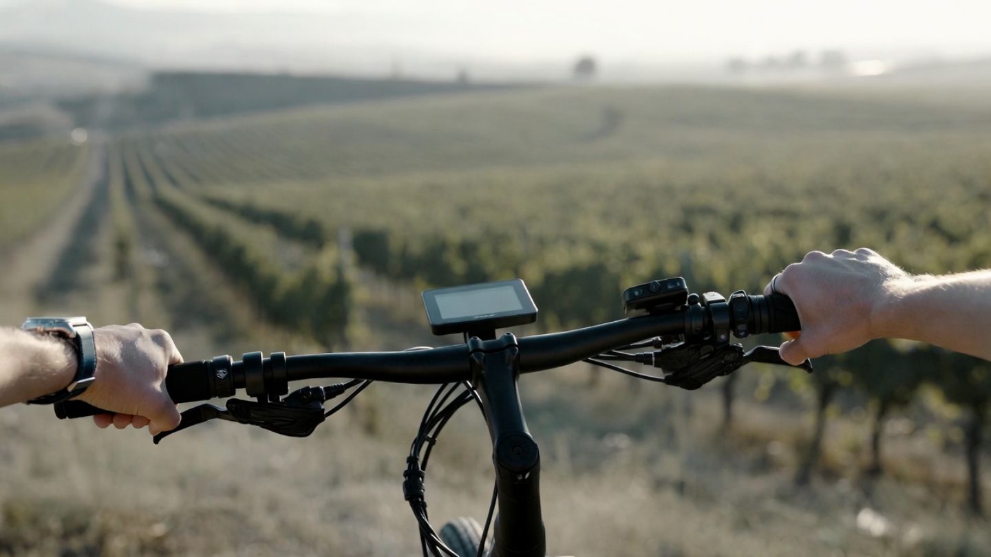 Hands on electric bike handlebars while riding through Napa Valley vineyards, representing slow, low impact travel popular with Oakland and East Bay cyclists.