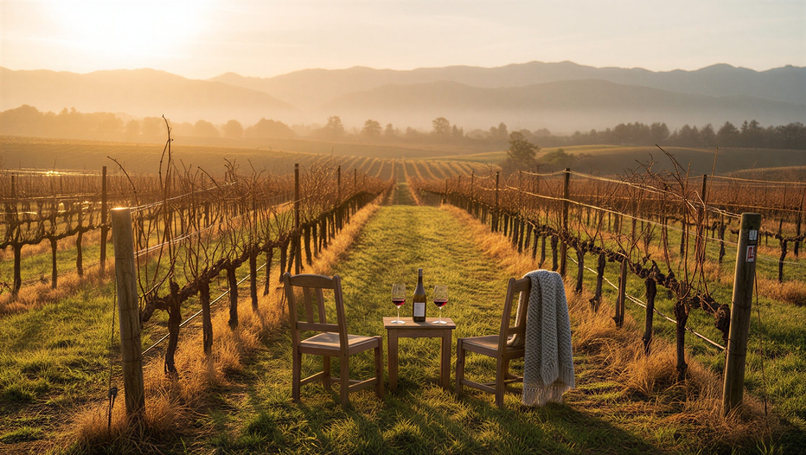 “Two chairs set among Napa Valley vineyard rows at golden hour, with soft evening light and open space, representing couples rediscovering travel together after becoming empty nesters.”