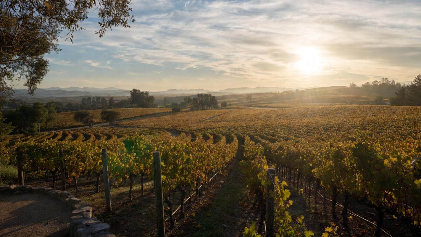Late afternoon light over vineyard rows in Napa Valley, creating a calm and intimate setting ideal for newly engaged couples savoring a special moment.