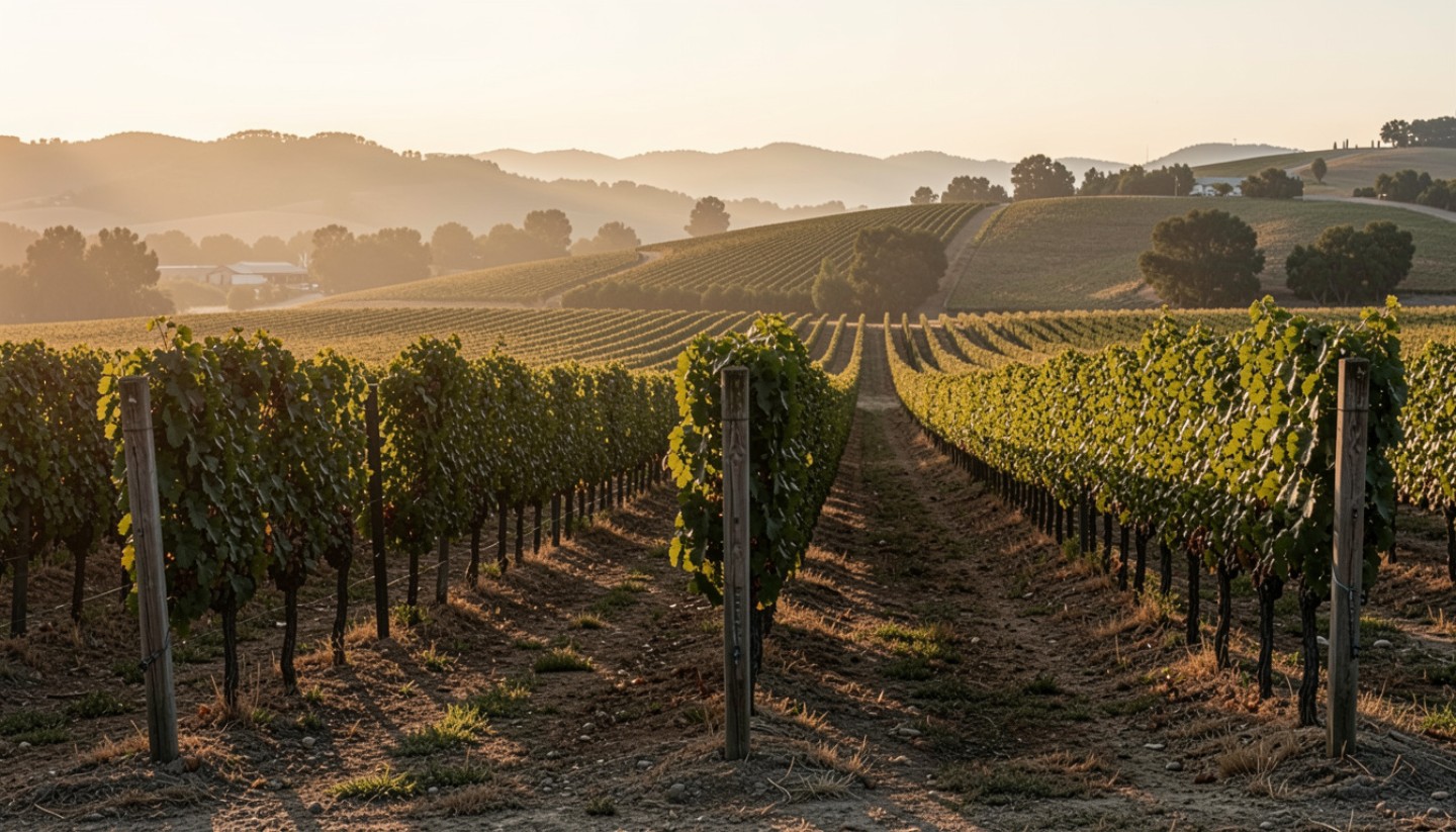 Soft evening light over Napa Valley vineyard rows, illustrating calm celebration, emotional steadiness, and sobriety in wine country.