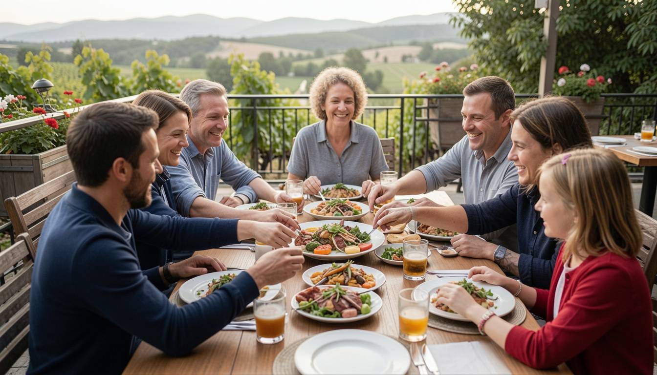 Family-style lunch in Napa Valley with shared plates and relaxed conversation, showing a mother and daughter enjoying time together during a peaceful weekend trip.