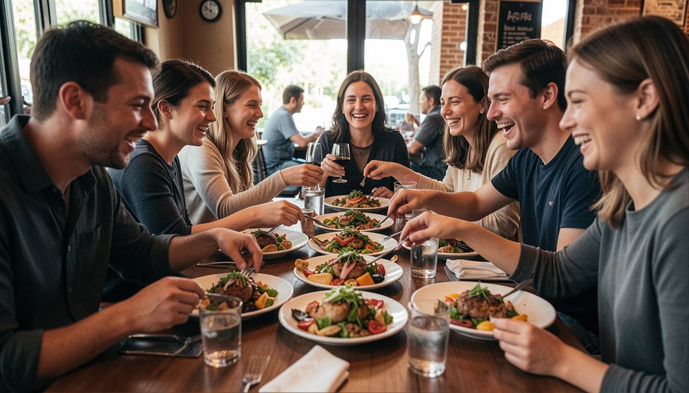 Family-style lunch in Napa Valley with shared plates and relaxed conversation, showing siblings reconnecting during a weekend trip.