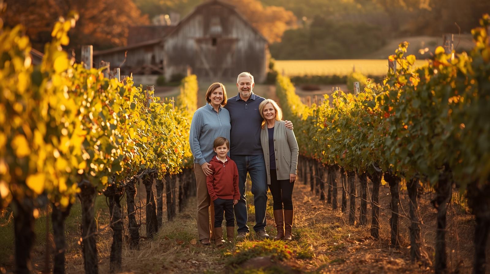 Three generations of a family standing in a Cabernet vineyard in Rutherford Napa Valley at sunset, representing generational family business and legacy winery stewardship.