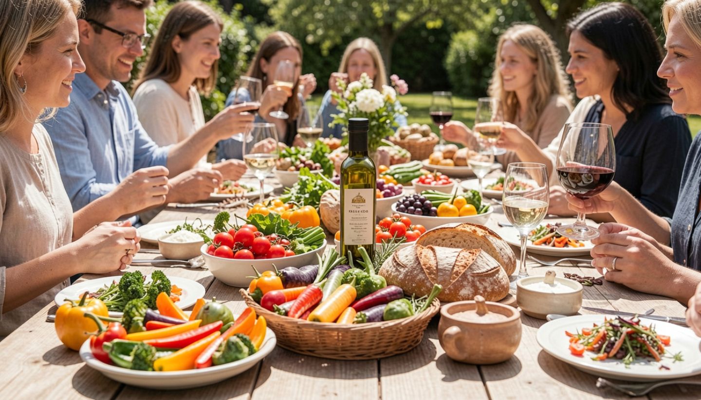  Outdoor farm to table lunch in Napa Valley featuring seasonal vegetables, fresh bread, and olive oil on a shaded patio table, illustrating a food focused alcohol light travel experience.
