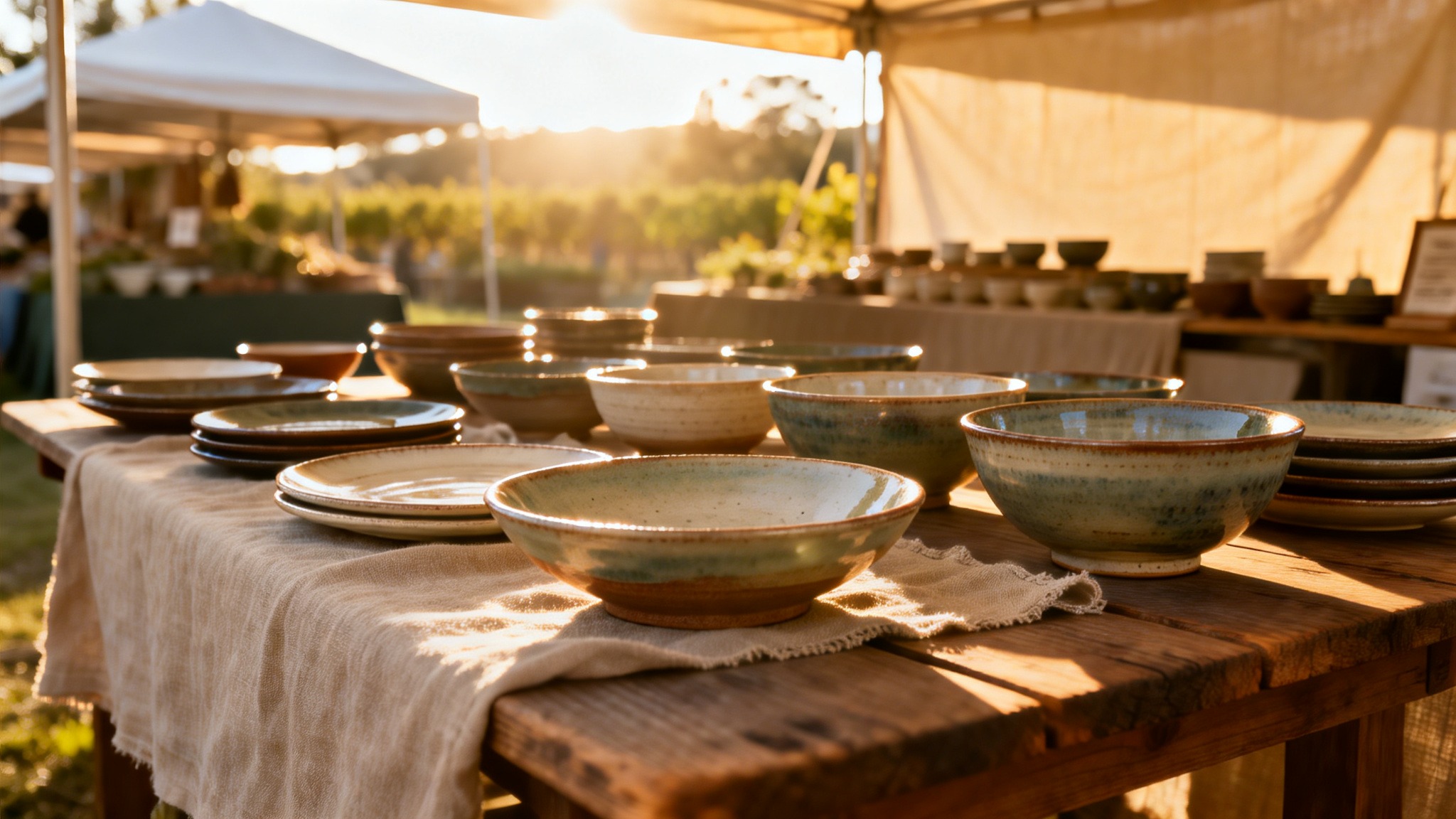  Handmade ceramic plates and linen napkins displayed at a Napa Valley farmers market, showing locally crafted tableware used for hosting and home entertaining.

