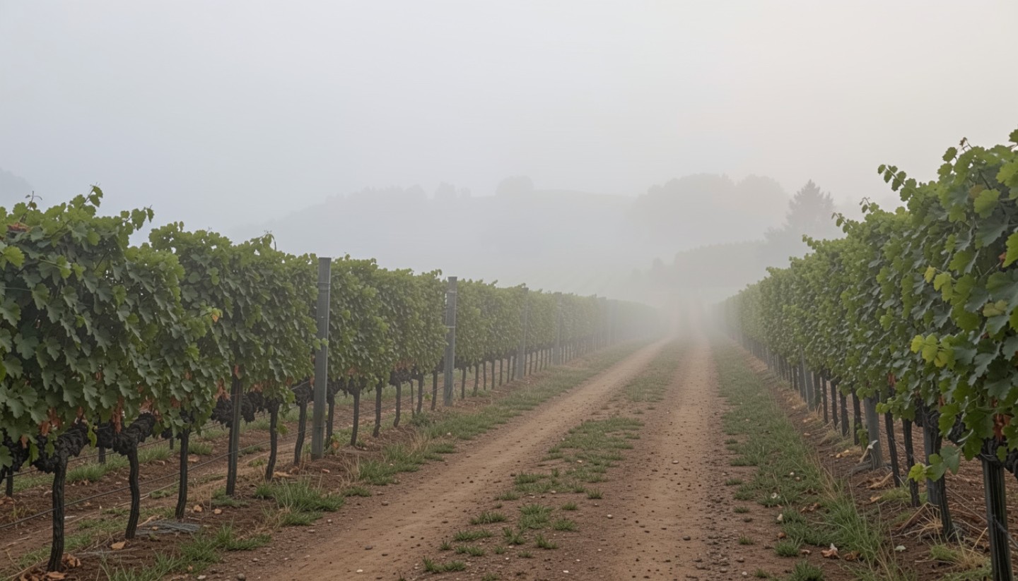 Morning fog over vineyard rows on the Rutherford benchlands in Napa Valley, symbolizing grounding, familiarity, and feeling rooted after moving to California.