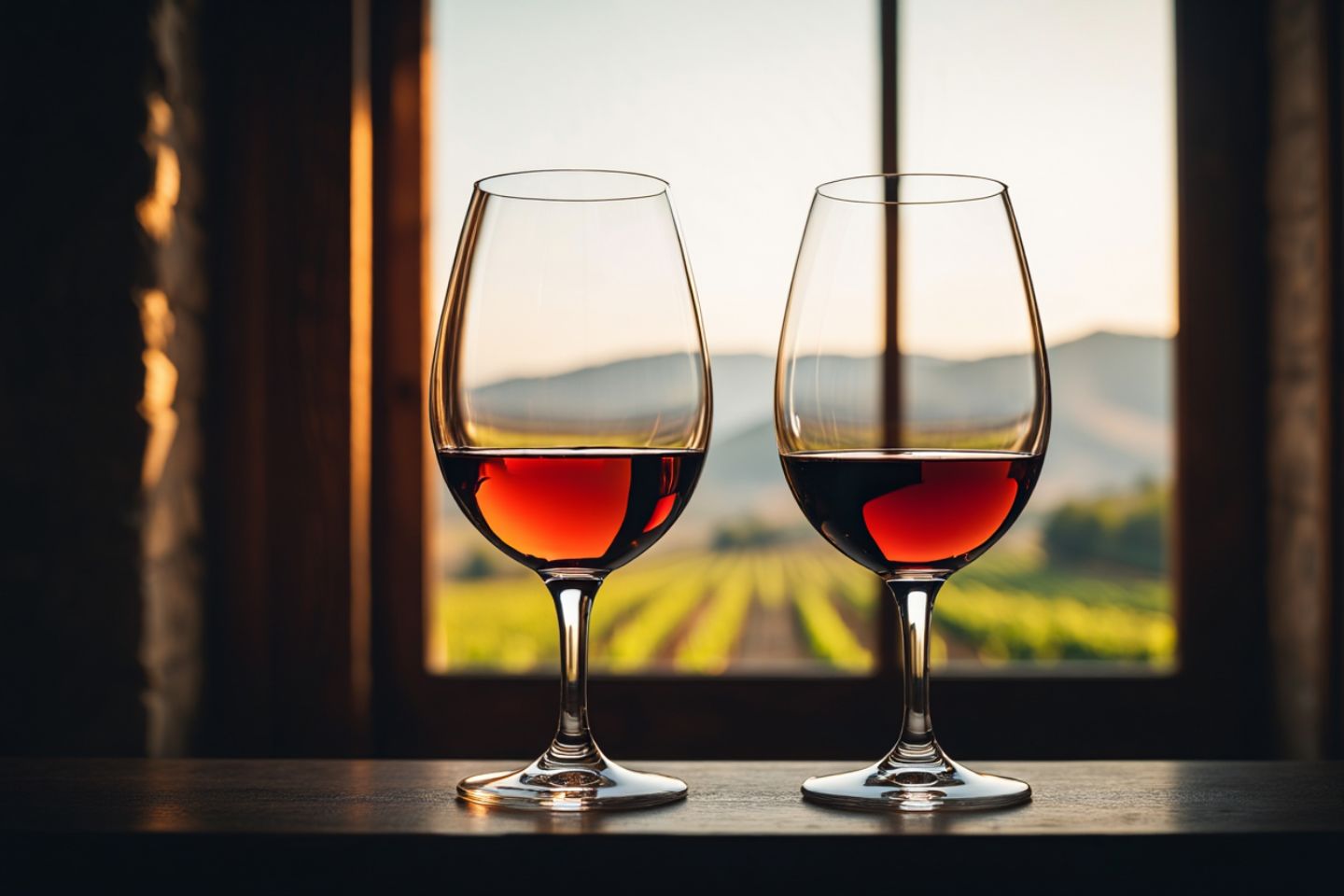Two glasses of Cabernet Sauvignon labeled valley floor and mountain placed side by side during a structured tasting in Napa Valley with hillside vineyards in the background.