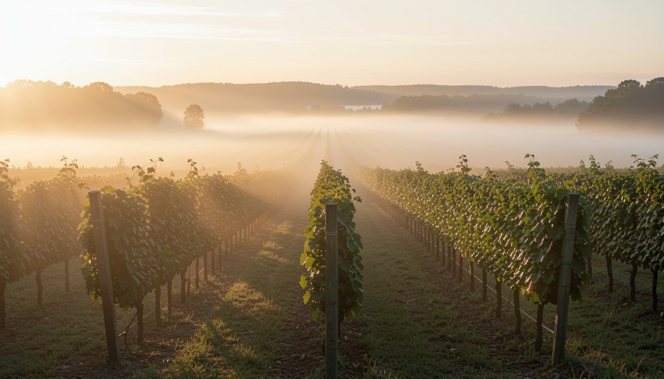 Morning fog lifting over vineyard rows in Rutherford, Napa Valley, creating a calm and reflective landscape for travelers seeking inspiration.