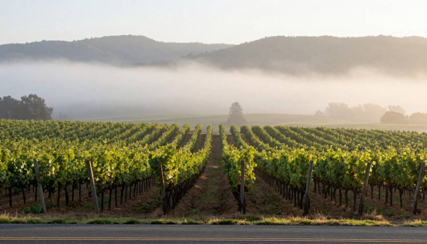 Early morning fog lifting over vineyard rows in Napa Valley’s Rutherford benchlands, with soft light revealing the agricultural landscape and distant hills.