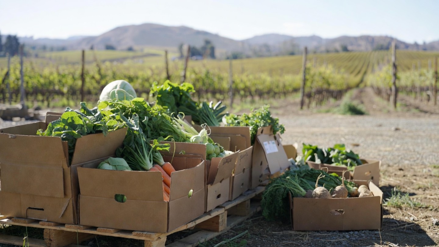 Fresh produce boxes at a Napa Valley mobile food pantry, representing local food access programs supported by volunteers and visiting travelers.