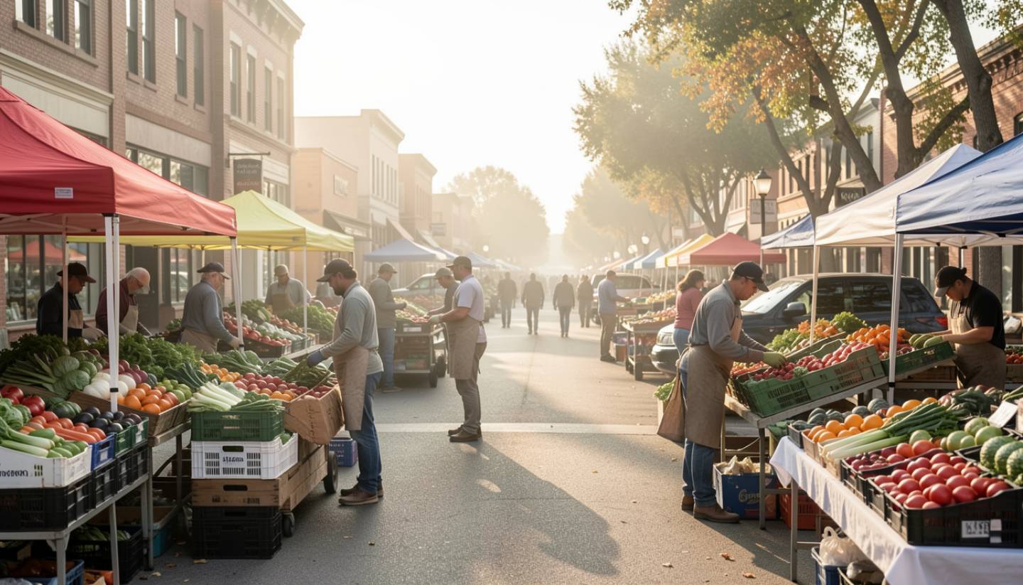 Early morning farmers market in Napa Valley with vendors unloading seasonal produce, illustrating the working food culture behind culinary journalism and travel.