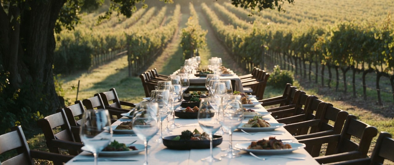 A long table set outdoors in Napa Valley with wine glasses and shared plates, capturing friends reconnecting in a relaxed vineyard setting designed for conversation.