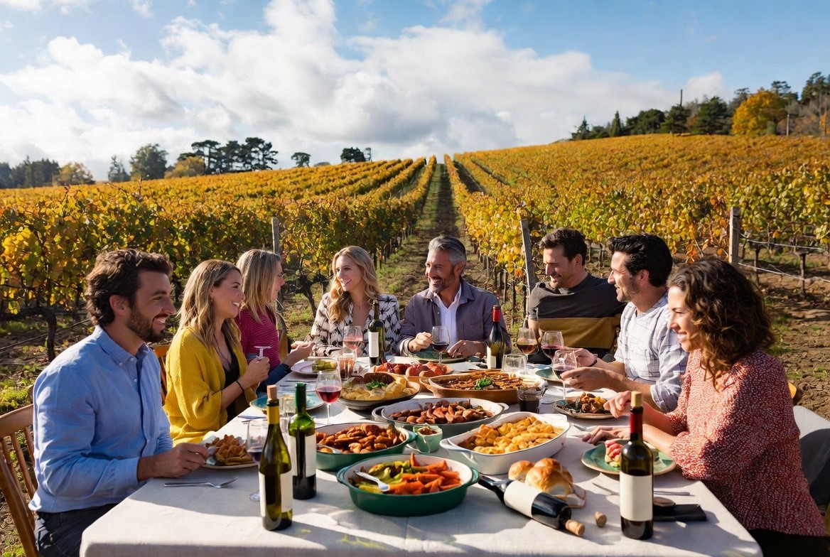 Friends gathered around a long outdoor table in Napa Valley during autumn, sharing food and wine at a relaxed Friendsgiving celebration in a vineyard setting.