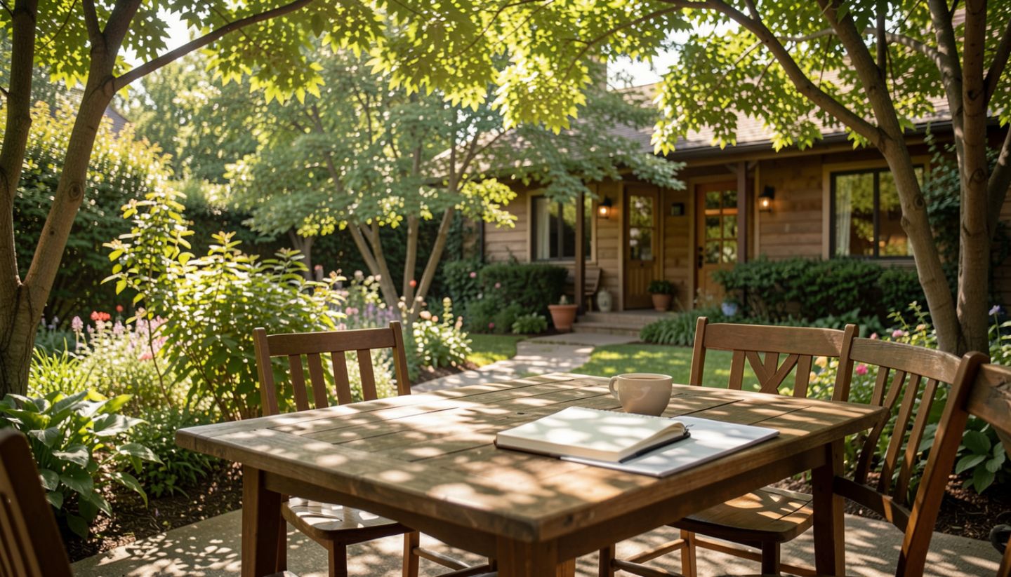 Shaded garden patio in Napa Valley with a notebook and coffee on a table, offering a quiet place for writing and creative work.