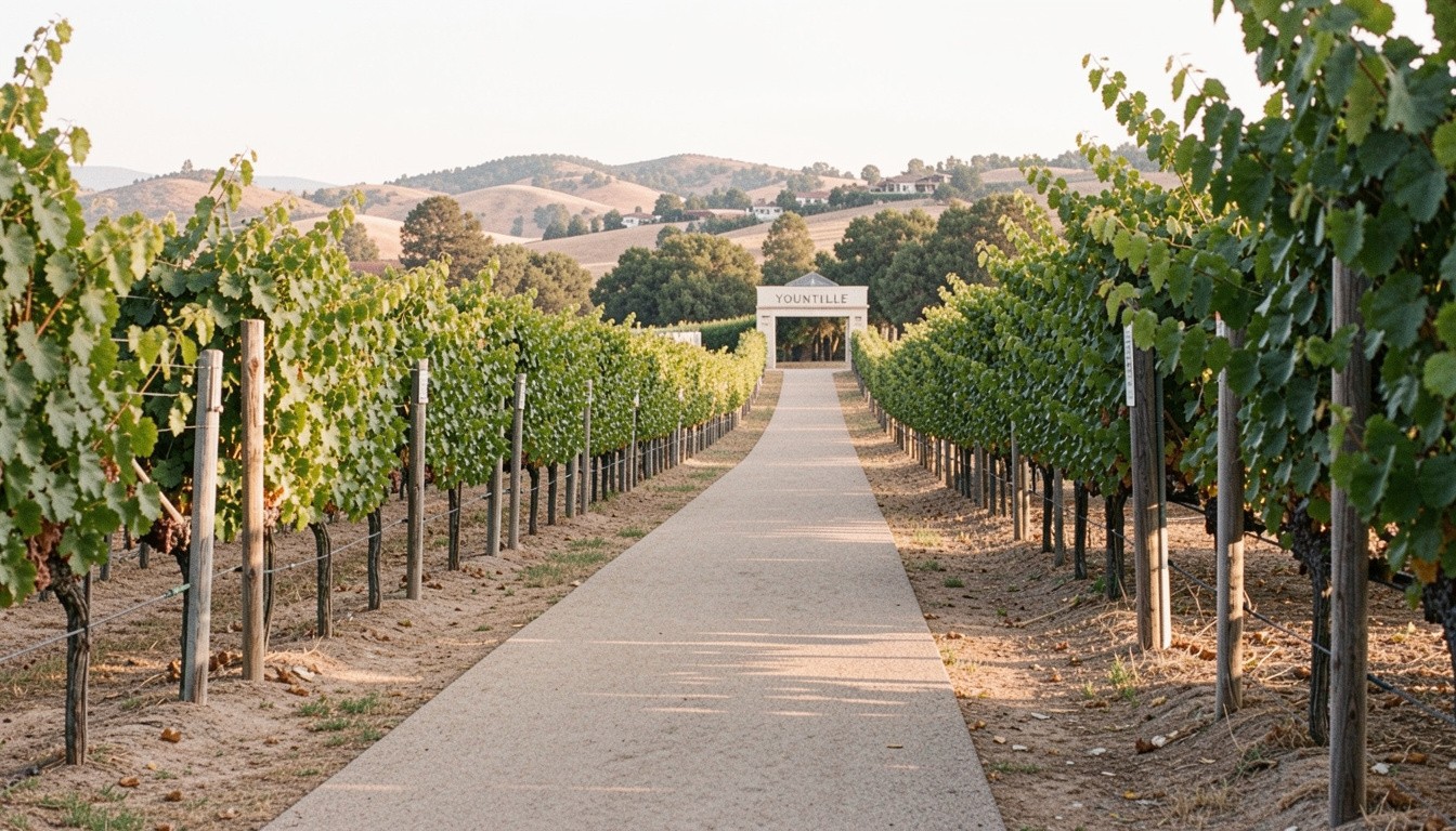 Gentle walking path through Napa Valley vineyards in soft afternoon light, symbolizing recovery, balance, and a health focused visit.
