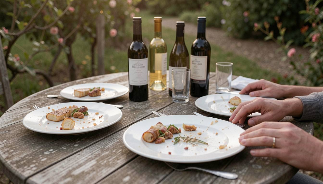 Family sharing a long lunch at a Napa Valley winery terrace, celebrating a graduation in a calm and reflective way.