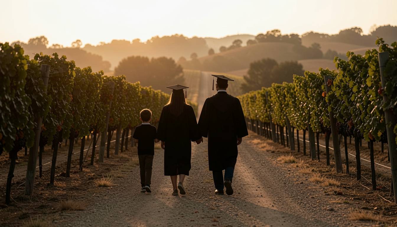 Graduate walking with family through Napa Valley vineyard rows during late afternoon light, marking a meaningful graduation celebration.