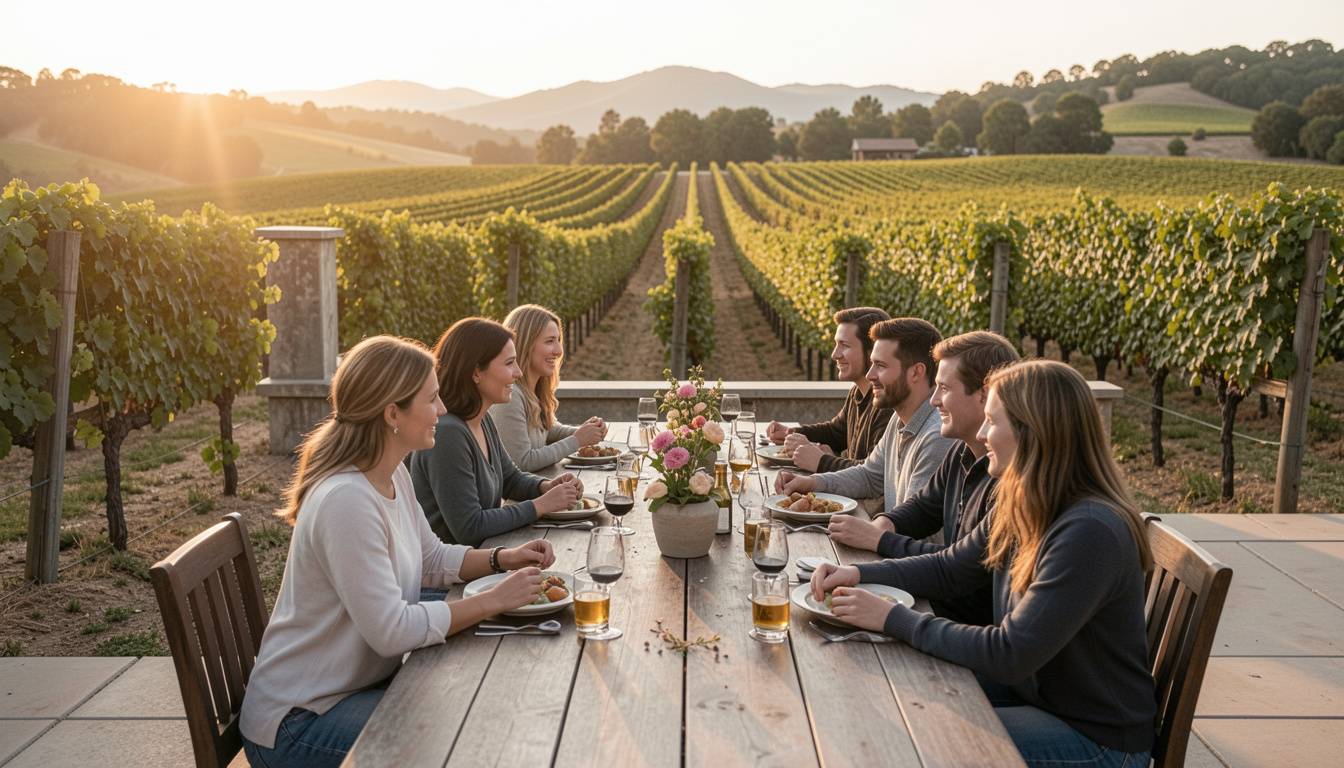 Small group seated together at a winery terrace in Napa Valley during late afternoon, celebrating a low-key bachelor or bachelorette weekend in a calm setting.