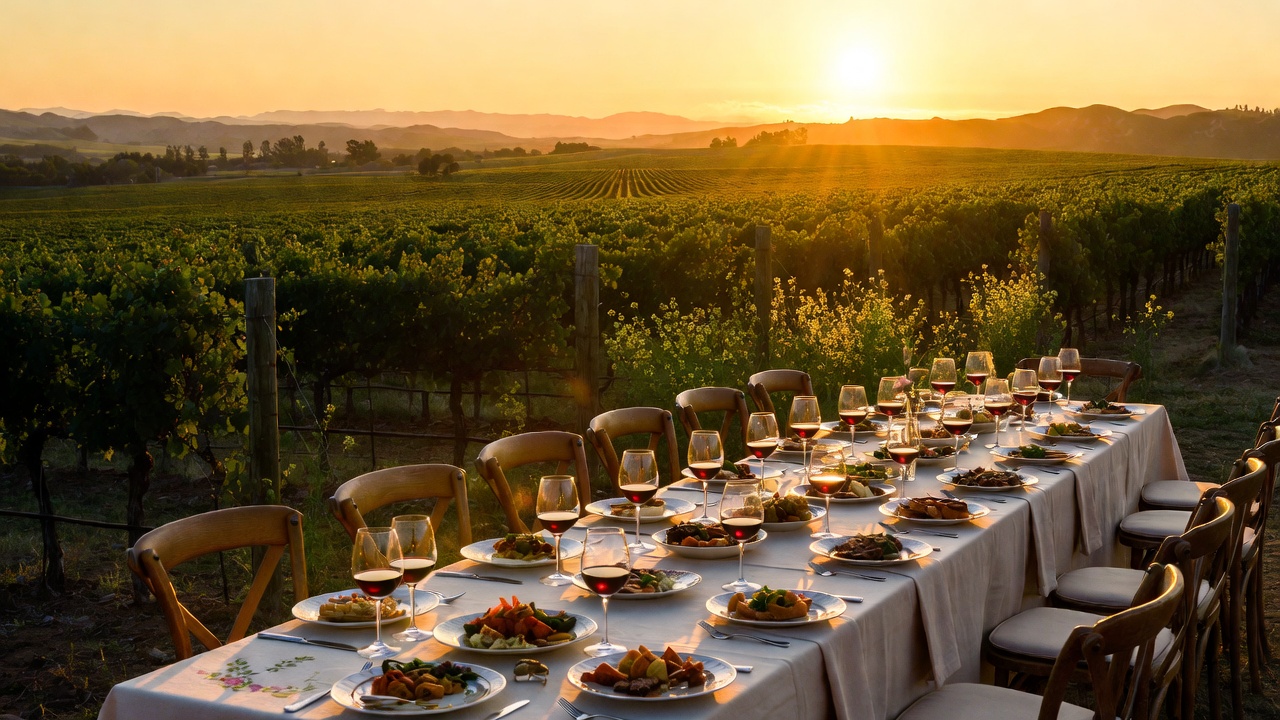 Outdoor harvest dinner in St. Helena Napa Valley with a long table set beside vineyard rows at sunset, seasonal dishes and wine glasses reflecting golden evening light.