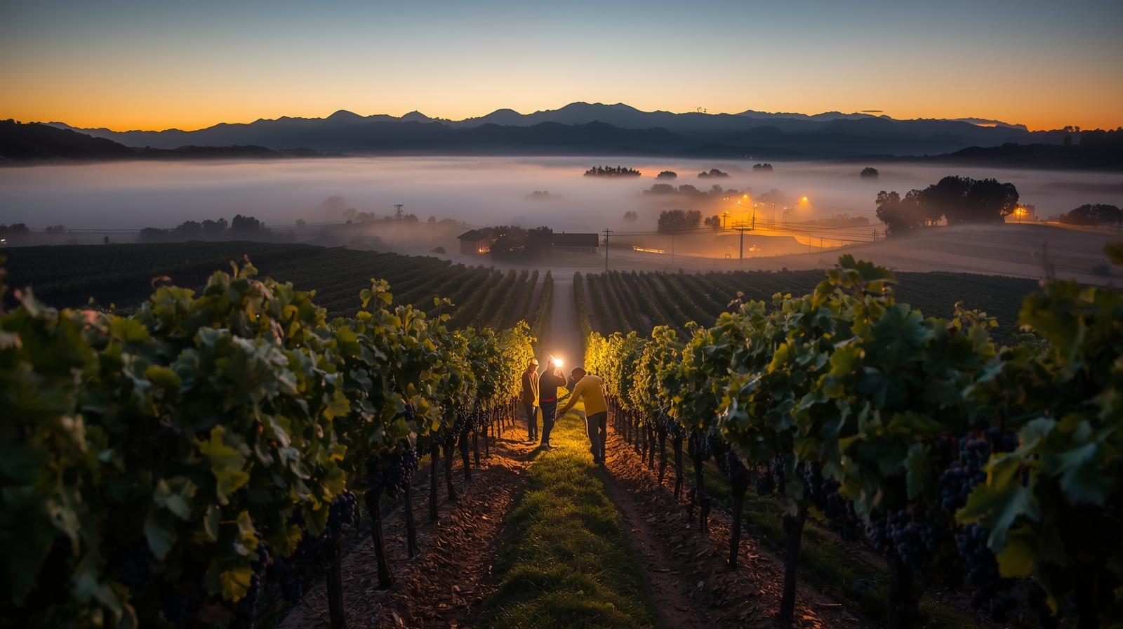 Vineyard workers harvesting Cabernet grapes at dawn during Napa Valley harvest season with fog lifting over the Mayacamas mountains