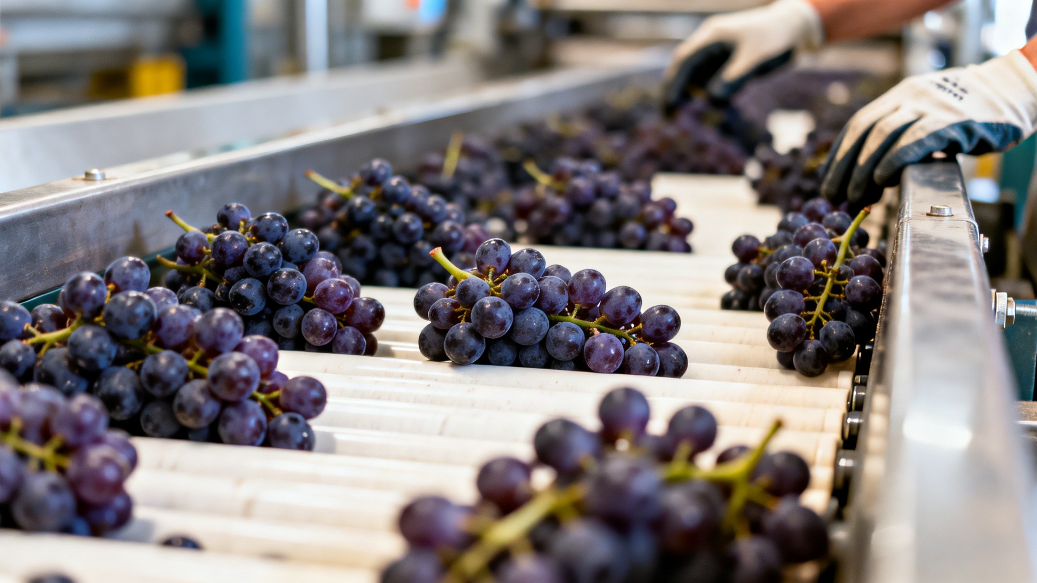  Grapes moving across a sorting table in a Napa Valley winery during harvest, illustrating hands on winemaking and fruit selection.