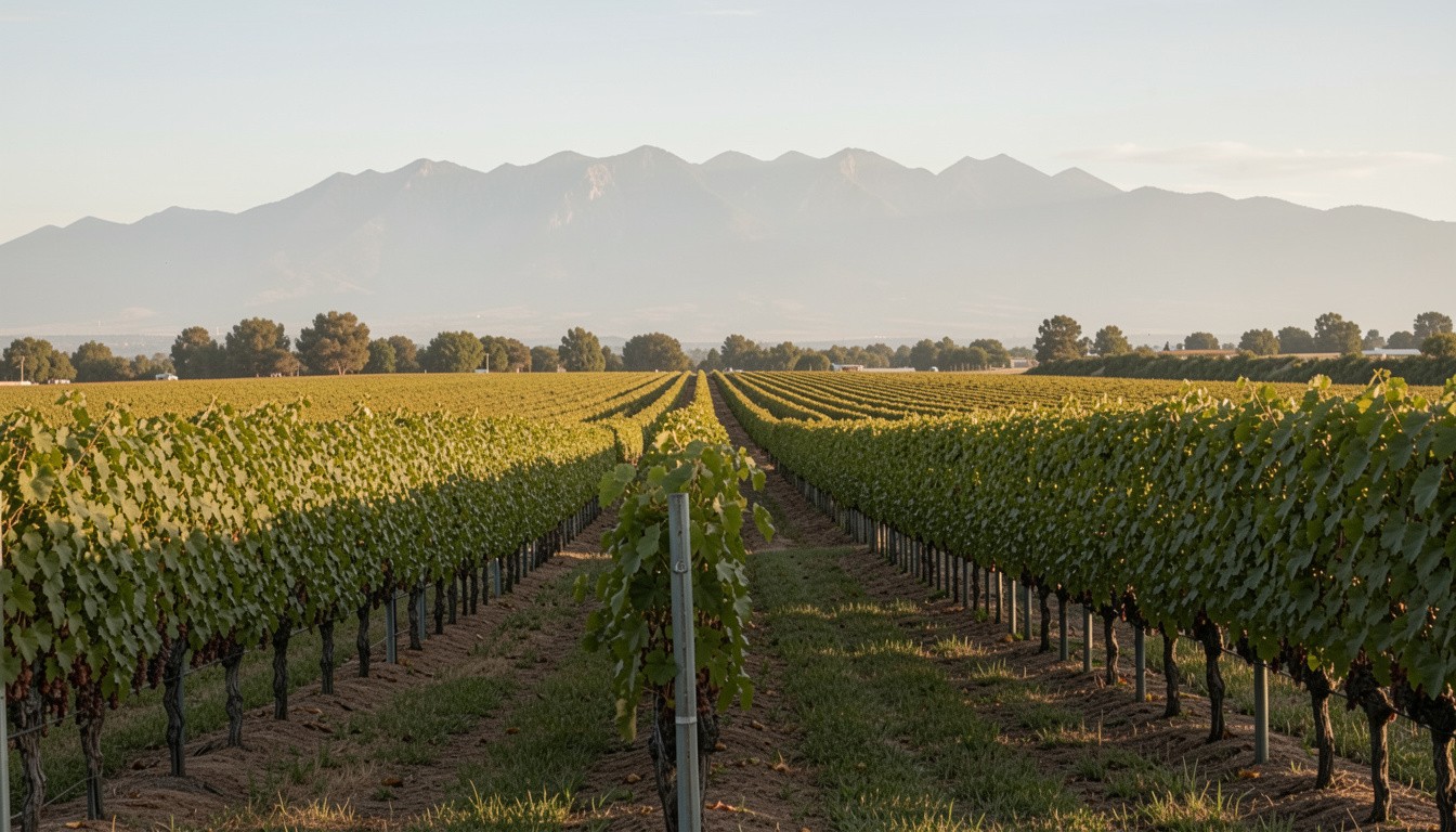 Late morning vineyard in Rutherford, Napa Valley with soft sunlight and mountain views, representing a calm and restorative celebration of a personal health milestone.