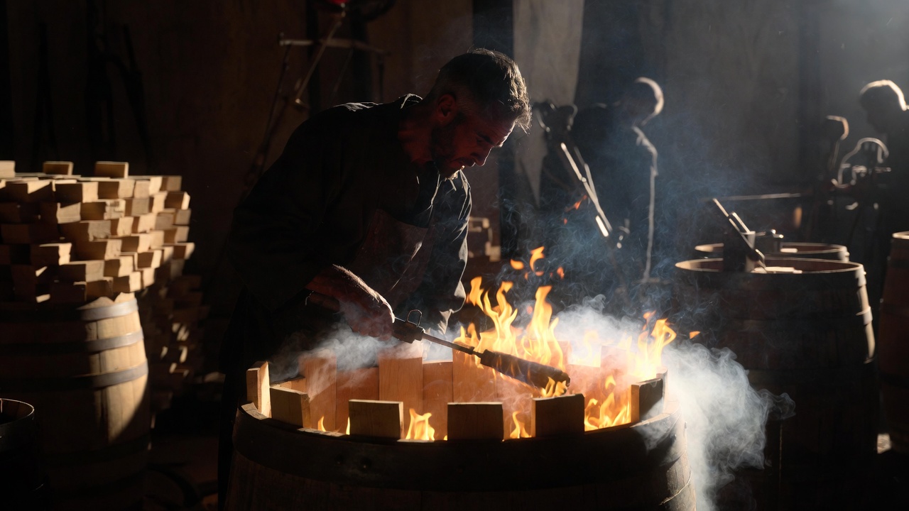 A master cooper in Napa Valley toasting a handmade oak wine barrel over an open flame, illustrating traditional coopering trades and heritage craftsmanship.