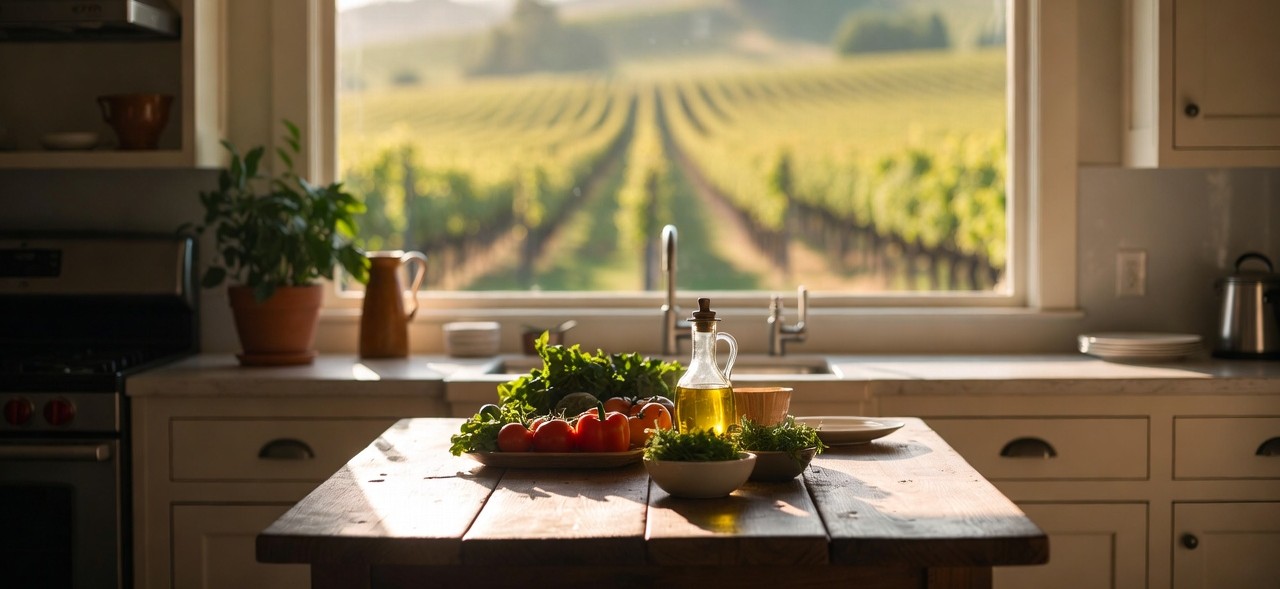 A sunlit Napa Valley kitchen table set with fresh seasonal produce, olive oil, herbs, and bread, with vineyard rows visible outside the window, illustrating cooking inspired by local Napa ingredients.
