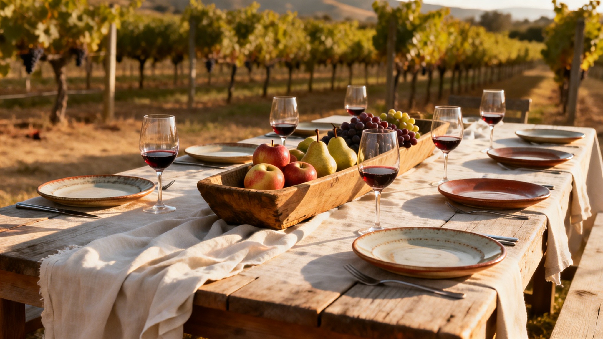 An outdoor dining table set in Napa Valley with linen tablecloth, handmade ceramic plates, wine glasses, and seasonal produce, reflecting relaxed hosting and entertaining inspired by local Napa hospitality culture.