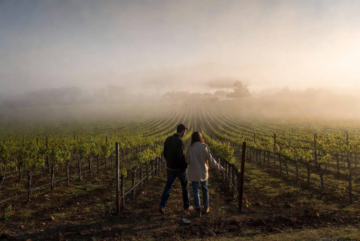 Couple walking together through Napa Valley vineyards in the early morning fog, traveling intentionally and enjoying a quiet, reflective moment.