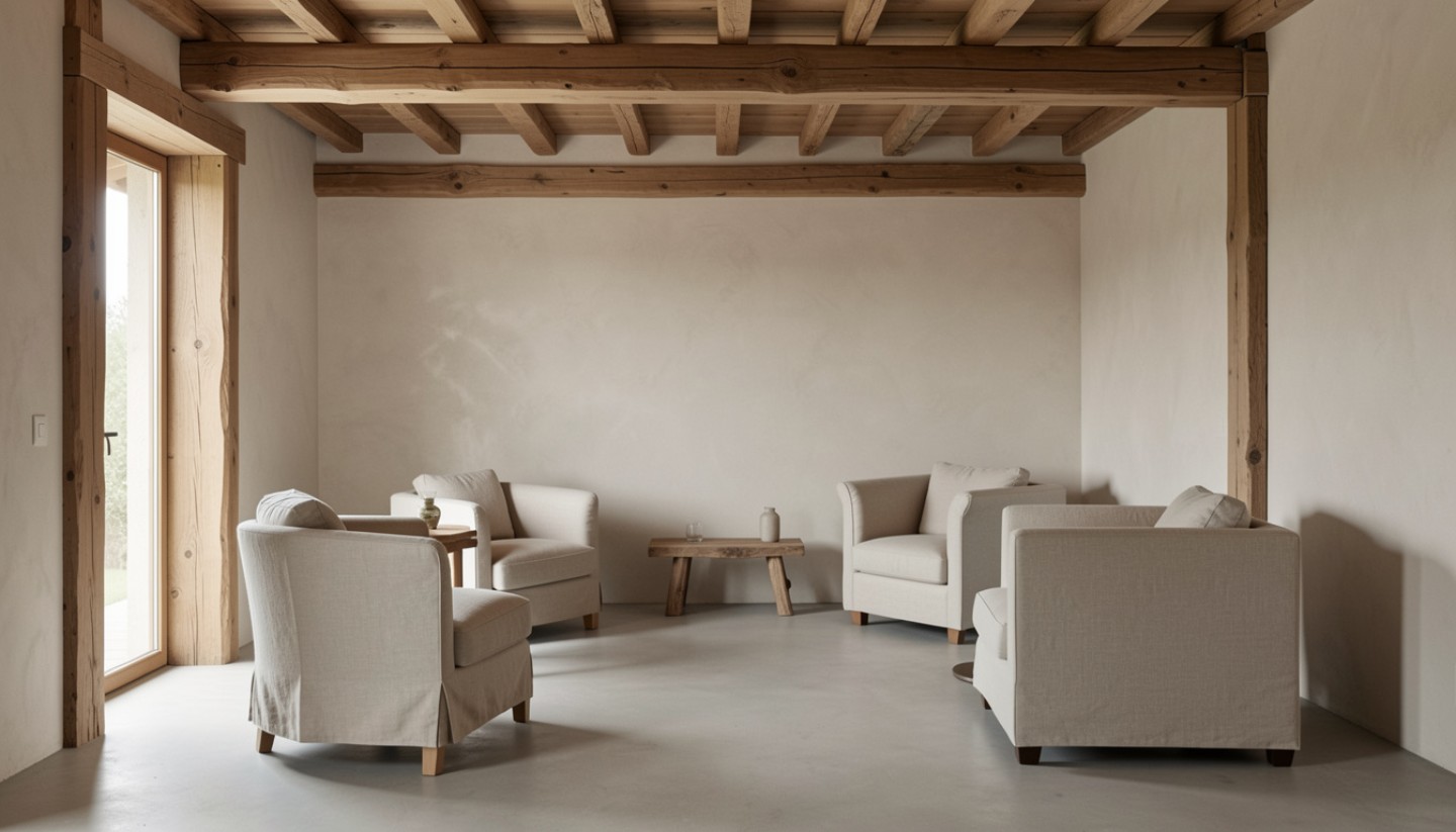 Interior of a Napa Valley tasting room showing wood, plaster, concrete, and linen materials, demonstrating design restraint and texture layering.